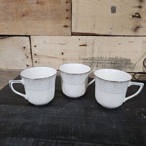 Noritake Imperial Lace White Porcelain Mugs with Silver Trim - Set of 3
